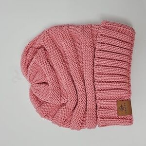 Pink Chunky Ribbed Knit Slouchy Scull Cap Beanie Winter Hat